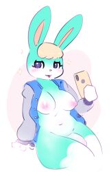 1futa animal_crossing anthro bottomless breasts clothed clothing elpatrixf genitals herm hi_res intersex jacket lagomorph leporid looking_at_viewer mammal nintendo partially_clothed penis phone rabbit rule_63 sasha_(animal_crossing) solo the_character_is_better_this_way thick_thighs tongue tongue_out topwear video_games wide_hips