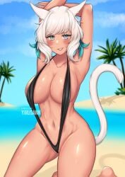 1girls armpits beach big_breasts breasts cat_ears female female_only final_fantasy final_fantasy_xiv hands_up large_breasts sling_bikini smug_smile solo swimsuit tail white_hair y'shtola yirusann