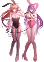 2girls black_bunny_ears black_bunnysuit bow brown_hair bunny_ears bunny_girl bunnysuit collar collar_and_leash doki_doki_literature_club duo female female_only green_eyes holding_leash leash leash_and_collar light-skinned_female light_skin looking_at_viewer monika_(doki_doki_literature_club) multiple_girls one_eye_closed ponytail potetos7 purple_eyes purple_hair shoes simple_background standing tongue tongue_out white_background white_bow yuri_(doki_doki_literature_club)