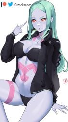 1girls ass_visible_through_thighs big_breasts cd_projekt_red cyberpunk:_edgerunners cyberpunk_2077 damodar female female_only green_hair netflix open_clothes open_jacket open_shirt panties rebecca_(edgerunners) studio_trigger underwear