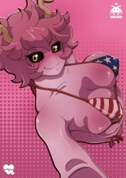 1girls american_flag american_flag_bikini bikini black_sclera blush breasts camera cinnamon6 horns large_breasts looking_at_viewer messy_hair mina_ashido my_hero_academia nipples nipples_visible_through_clothing pink_hair pink_skin recording selfie short_hair skindentation smile swimsuit yellow_eyes