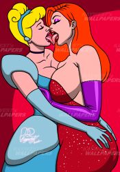 2022 2girls arm_gloves artist_logo artist_name artist_signature big_breasts blonde_hair breasts butt_grab choker cinderella_(1950_film) cinderella_(disney) cleavage closed_eyes clothed clothed_female crossover disney disney_princess dress eyeshadow female female_only french_kiss french_kissing grabbing_ass grabbing_breasts hair_tied hairband jessica_rabbit kaywest kissing lipstick long_hair long_red_hair red_hair tongue tongue_kiss tongue_out watermark who_framed_roger_rabbit yuri