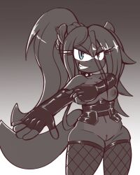 anthro big_breasts carrie_hayes dominatrix femdom fishnet_legwear latex looking_at_viewer mostly_monochrome plush pussy putting_on_gloves smile sonic_(series) sonic_oc sternweiss