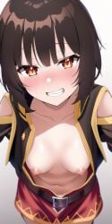 1girls ai_generated breasts downblouse extended_downblouse girls_only kono_subarashii_sekai_ni_shukufuku_wo! megumin nai_diffusion navel nipples no_bra small_breasts smiling solo solo_female stable_diffusion