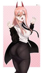 1girls alternate_breast_size ass ass_focus ass_shot back back_view breasts bubble_butt chainsaw_man clothed clothed_female demon demon_girl demon_horns female horns huge_ass large_breasts long_hair o22no pink_hair power_(chainsaw_man) suit