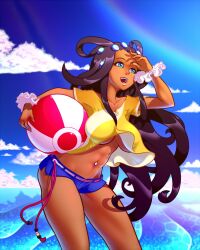 1girls balls beach beachball belly belly_button belly_button_piercing belly_piercing big_breasts black_hair blue_eyes blue_shorts blue_sky breasts crop_top dahlia_(pokemon) dark-skinned_female dark_skin female female_focus female_only hair_rings holding holding_ball holding_object horizon ian_chase large_breasts lens_flare messy_hair navel navel_piercing no_bra ocean only_female outdoors piercing pinup_(style) pokemon pokemon_dppt rainbow shading_eyes short_shorts shorts sky solo solo_female solo_focus standing stomach thighs underboob yellow_shirt