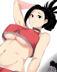 black_eyes black_hair blush breasts cheerleader choker crop_top high_ponytail large_breasts long_hair looking_at_viewer midriff minoru_mineta moisture_(chichi) momo_yaoyorozu my_hero_academia ponytail sweat underboob wide_hips