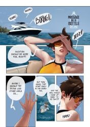 aviator_sunglasses blizzard_entertainment boat brown_hair comic comic_page cuncyun dialogue eyewear glasses lena_oxton light-skinned_female light_skin ocean orange-tinted_eyewear outdoors overwatch panels possessed possession short_hair speech_bubble sunglasses tagme tinted_eyewear tracer water yacht