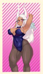 1girls arms_behind_head blush bunny_ears bunny_tail bunnysuit dark-skinned_female dark_skin female female_only gloves klebo_stuff long_hair looking_at_viewer miruko my_hero_academia pantyhose red_eyes rumi_usagiyama solo teeth_clenched thick_thighs v_sign very_high_resolution white_hair