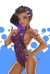 1girls areola_slip armlet black_hair dark-skinned_female dark_skin delux female female_only hand_on_hip hi_res latina leotard looking_at_viewer mole mole_under_eye narrowed_eyes nipple_bulge overwatch pointing_at_viewer purple_highlights purple_lipstick smiling smiling_at_viewer solo sombra tight_fit