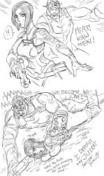 ahe_gao bb_(baalbuddy) borderlands borderlands_2 cum_explosion cum_in_pussy dialogue joke krieg_(borderlands) larger_male mask masked_male maya_(borderlands) monochrome pants_down rape short_hair size_difference smaller_female squished_breasts