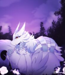 ass bare_back bare_shoulders belly_button big_breasts blairphomet breasts cleavage detailed_background dragon dragon_girl female long_tail nintendo nude nude_female pokémon_(species) pokemon pokemon_(species) purple_highlights reference_image reference_sheet reshiram smile tail thick_thighs visible_nipples wings yellow_eyes