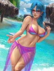 1girls 2022 bikini_top blue_hair bulging_breasts fit_female looking_at_viewer original original_character ponytail shurakrgt sunglasses_only tagme