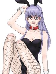 alternate_costume bunny_ears bunny_girl bunnysuit cleavage collar feet_out_of_frame female female_only fishnets gintama glasses hand_on_head knees_together_feet_apart lavender_hair legs_up long_hair looking_at_viewer mole_under_eye myanko playboy_bunny purple_hair red-framed_glasses sarutobi_ayame sitting smile solo wrist_cuffs