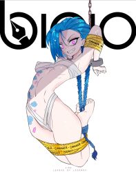 1girls bandages bicio blue_hair bondage breasts crazy_eyes handcuffs jinx_(league_of_legends) league_of_legends looking_at_viewer navel pink_eyes solo_female suspended suspension tagme tattoos underboob