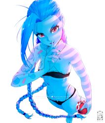 1girls bicio black_panties blue_hair breasts finger_to_mouth jinx_(league_of_legends) league_of_legends red_eyes small_breasts solo_female tagme tattoos twintails