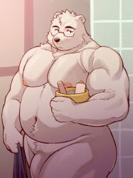 2022 anthro belly big_belly detailed_background eyewear genitals glasses hi_res kemono male mammal moobs musclegut navel nipples overweight overweight_male penis polar_bear solo towel ursid ursine yukimushi6