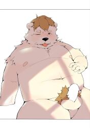 2022 anthro belly blush censored genitals gus_(stardew_valley) hi_res humanoid_genitalia humanoid_hands humanoid_penis kemono madlion_0312 male male_only mammal moobs navel nipples one_eye_closed overweight overweight_male penis solo stardew_valley tongue tongue_out ursid