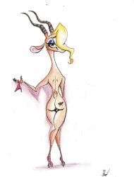 antelope anthro ass auga bovid butt_tattoo disney female female/female footwear gazelle gazelle_(zootopia) high_heels holding_object mammal naked_footwear naked_heels nude panties pussy solo tattoo zootopia