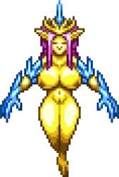 barefoot breasts closed_eyes crown elf_ears empress_of_light legs_together nude pink_hair pixel_art pussy tagme terraria thighs transparent_background yellow_body