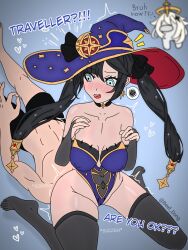 aether_(genshin_impact) beefdongart black_hair blush clothed_facesitting facesitting female genshin_impact hat leotard male mona_(genshin_impact) paimon_(genshin_impact) stockings thick_thighs twintails wizard_hat