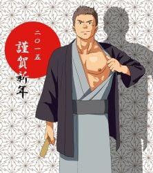 1boy 2015 abs bara black_eyes brown_eyebrows brown_hair gay haori japanese_text kimono light-skinned_male light_skin male male_focus male_only muscular muscular_male new_year nipples pecs ruizu ruizu_(takakisan503) solo tagme text translation_request yaoi