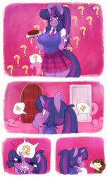 1boy 1girls 5_fingers anthro chibi comic confusion dessert hasbro my_little_pony ponytail purple_eyes purple_hair purple_skin school_uniform schoolgirl skirt tears tentacle tolsticot twilight_sparkle_(mlp)