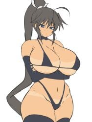 ahoge bikini black_hair blue_eyes breasts choker dark-skinned_female dark_skin dd_(artist) gloves hair_ribbon high-waisted_thong homura_(senran_kagura) huge_breasts long_hair looking_at_viewer marvelous micro_bikini opera_gloves ponytail senran_kagura senran_kagura_burst sweat swimsuit tan_skin tanline thick_thighs thighhighs thighs thong very_long_hair wide_hips