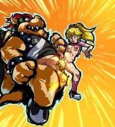 anthro blonde_hair bottomless bowser bracelet cock_ring crown duo erection female footwear horn human_on_anthro interspecies jcm2 jewelry koopa large_penis lipstick long_hair mario_(series) mario_strikers medium_breasts nintendo open_mouth princess_peach sex sharp_teeth shirt_lift soccer socks sports spread_legs uncensored vaginal_penetration video_games