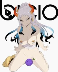 1girls akuma_no_mi bicio big_breasts blue_hair breasts brown_eyes curvy ear_piercing earrings female female_focus female_only gradient_hair hi_res highres hoop_earrings horned_humanoid horns humanoid large_breasts light-skinned_female light_skin long_hair looking_at_viewer multicolored_hair navel nude one_piece oni oni_horns pasties red_eyes seductive seductive_eyes seductive_look simple_background sitting solo solo_female two_tone_hair underboob white_hair wide_hips yamato_(one_piece) youkai