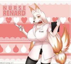 anthro bare_thighs cleavage clipboard collar coolryong female female_focus female_only fox fox_girl furry heart huge_breasts light_blush long_eyelashes long_hair needle nurse nurse_uniform open_mouth panties red_collar renard_(homura_kasuka) thick_thighs thighhighs visible_underwear white_fur yellow_eyes