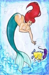 ariel ass disney disney_princess female_focus fish flounder large_breasts long_hair mermaid mermaid_ass nipples parted_lips red_hair stealing the_little_mermaid traditional_media_(artwork) xreizueberflutungx