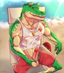 1boy 1male abs anthro balls clothing crocodile crocodilian crocodylid erection hand_on_balls heniio league_of_legends lifeguard male male_only muscles muscular muscular_anthro muscular_male nipples nipples_visible_through_clothing outside penis pool_party_renekton pool_party_series renekton reptile scales scalie sitting solo solo_male sunglasses sunglasses_on_head swimming_trunks whistle whistle_around_neck