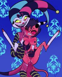 breast_grab breast_squeeze breasts clown demon female fizzarolli_(helluva_boss) fully_nude futanari futasub helluva_boss imp intersex jester jester_cap licking long_tongue male male/female oc original_character penetration self_insert sharp_teeth standing standing_sex teeth_clenched