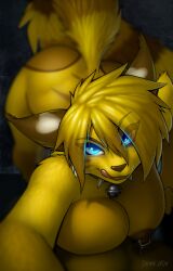 2014 all_fours ass_up blue_eyes breasts_on_floor eyebrows_visible_through_hair female furry furry_only glowing_eyes hair licking_lips looking_at_viewer nipple_piercing nipples pumzie solo solo_female spiked_collar strype voluptuous yellow_areola yellow_fur