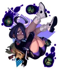 ahoge allister_(pokemon) ass black_hair clothed eigaka femboy full_lips legs_up looking_at_viewer male_only mimikyu mole onion_(pokemon) pokemon pokemon_ss purple_eyes suggestive_pose