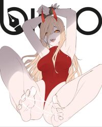 1girls bicio blonde_hair bondage breasts chainsaw_man cum cum_on_feet feet feet_up horns medium_breasts one-piece_swimsuit power_(chainsaw_man) presenting red_swimsuit rope rope_bondage seductive seductive_eyes seductive_look sharp_teeth soles solo_female tagme toes tongue_out