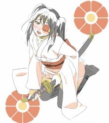 black_hair black_thighhighs blush colored_sketch eye_patch female female_only full_body gintama grinding improvised_sex_toy japanese_clothes katana kimono kneeling looking_pleasured masturbating_with_weapon masturbation obi official_alternate_costume open_mouth sketch solo sweat sword thigh_boots thighhighs twintails weapon yagyuu_kyuubei