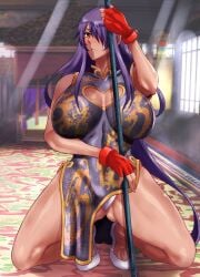 1girls big_breasts breasts china_dress chinese_clothes haikawa_hemlen huge_breasts ikkitousen kan'u_unchou large_breasts long_hair massive_breasts open_mouth pantyshot pantyshot_(kneeling) pelvic_curtain solo voluptuous