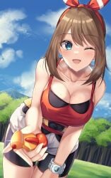 1girls amagi_korona blue_eyes brown_hair cleavage female_only game_freak large_breasts looking_at_viewer may_(pokemon) may_(pokemon_oras) nintendo pokemon pokemon_oras super_potion sweat