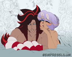 1boy 1boy1girl 1girls bed bed_sheet black_sclera blue_eyes cookie_run cookie_run_kingdom cuddling dark_skin duo empresslilum female hair human humanized long_hair lying lying_on_stomach male male/female medium_hair muscular muscular_male no_visible_genitalia one_eye_closed pastry_cookie purple_hair red_hair red_velvet_cookie scar scars smile tagme tan_body tan_skin white_sclera wink