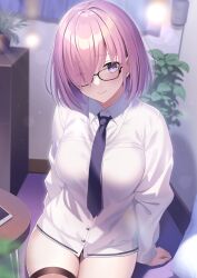 1girls big_breasts black_tie blush blushing_at_viewer breasts closed_mouth collared_shirt fate/grand_order fate_(series) female female_focus female_only glasses hair_over_one_eye hi_res high_resolution highres indoors large_breasts light-skinned_female light_skin looking_at_viewer mash_kyrielight mishiro_(ixtlolton) no_pants only_female pink_hair plant purple_eyes shirt short_hair shy sitting sitting_on_ground smile smiling smiling_at_viewer solo solo_female solo_focus sweater thick thick_thighs thighhighs thighs white_shirt white_sweater