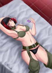 1girls 2020 areolae armpits asian asian_female bedroom black_hair black_panties black_thong blush condom female female_focus female_only high_resolution highres jin_(metal_slug) looking_at_viewer lying_on_bed medium_breasts medium_hair melowh metal_slug metal_slug_attack red_eyes seductive snk thighhighs viewed_from_above