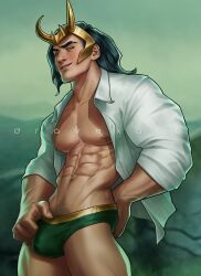 1boy bulge disney+ dravexart human human_only light-skinned_male light_skin loki_(marvel) loki_(series) looking_at_viewer male male_only marvel marvel_cinematic_universe muscular muscular_male open_shirt president_loki underwear