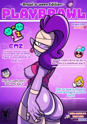 2d :o anthro bean_smile big_ass big_breasts brawl_stars darksitoart9 emz_(brawl_stars) magazine_cover purple-skinned_female purple_hair purple_nipples purple_skin spanish_text teeth text