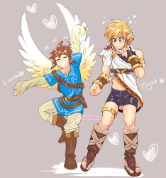 2boys adonis_belt angel angel_wings belt blonde_hair blue_eyes blue_tunic blush boots breath_of_the_wild brown_hair cosplay crossover cute cute_face dancing earrings femboy gloves grey_background happy heart highres jewelry kid_icarus kid_icarus_uprising link link_(cosplay) loose male_focus multiple_boys nintendo outfit_swap pit_(kid_icarus) pit_(kid_icarus)_(cosplay) pointy_ears pretty_boy smile soft_sizzle the_legend_of_zelda tight twink twitter_username wholesome wings