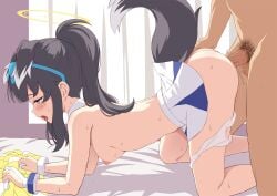 1boy all_fours animal_ears black_hair blue_archive blue_eyes blush breasts censored cheerleader commentary_request dog_ears dog_girl dog_tail facial_tattoo female halo hanging_breasts hibiki_(blue_archive) hibiki_(cheerleader)_(blue_archive) medium_breasts mosaic_censoring nipples official_alternate_costume panties panty_pull pleated_skirt profile sex sex_from_behind short_hair skirt star_tattoo sweat tail tattoo top-down_bottom-up two-tone_skirt underwear white_panties yamasan