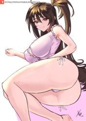 1girls big_ass big_breasts brown_hair bubble_butt clothing leaning_on_elbow legs_together long_hair long_legs looking_at_viewer medium_breasts nice_ass nightwear on_side panties sekirei side_ponytail sleeveless smiling solo tagme thick_thighs thong uzume_(sekirei) xhaart