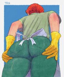 1girls armwear ass ass_focus ass_support back big_ass bottomwear clothing dat_ass dexter's_laboratory dexter's_mom female female_only gloves green_pants hair hands_on_ass huge_ass large_ass mature mature_female mature_woman milf mother orange_hair pants preka shirt solo solo_female yellow_gloves