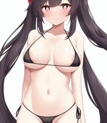 ai_generated areola_slip bikini bikini_bottom_only black_bikini blush breasts brown_hair closed_mouth cowboy_shot female genshin_impact highres hu_tao_(genshin_impact) long_hair looking_at_viewer medium_breasts nai_diffusion red_eyes side-tie_bikini_bottom simple_background smile stable_diffusion stlow7 string_bikini swimsuit symbol_in_eye topless twintails very_long_hair white_background